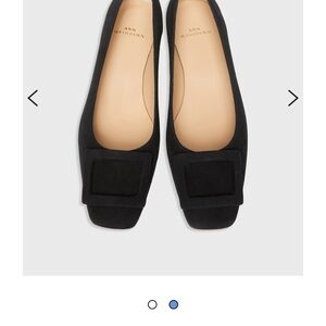 ANN MASHBURN Black Square-Toe Suede Flats with Decorative Buckle